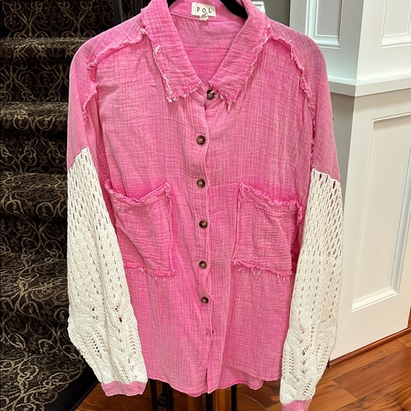 POL NWOT Pink/White Button-Up gauze Shirt w sweater/knit sleeves - Picture 5 of 9